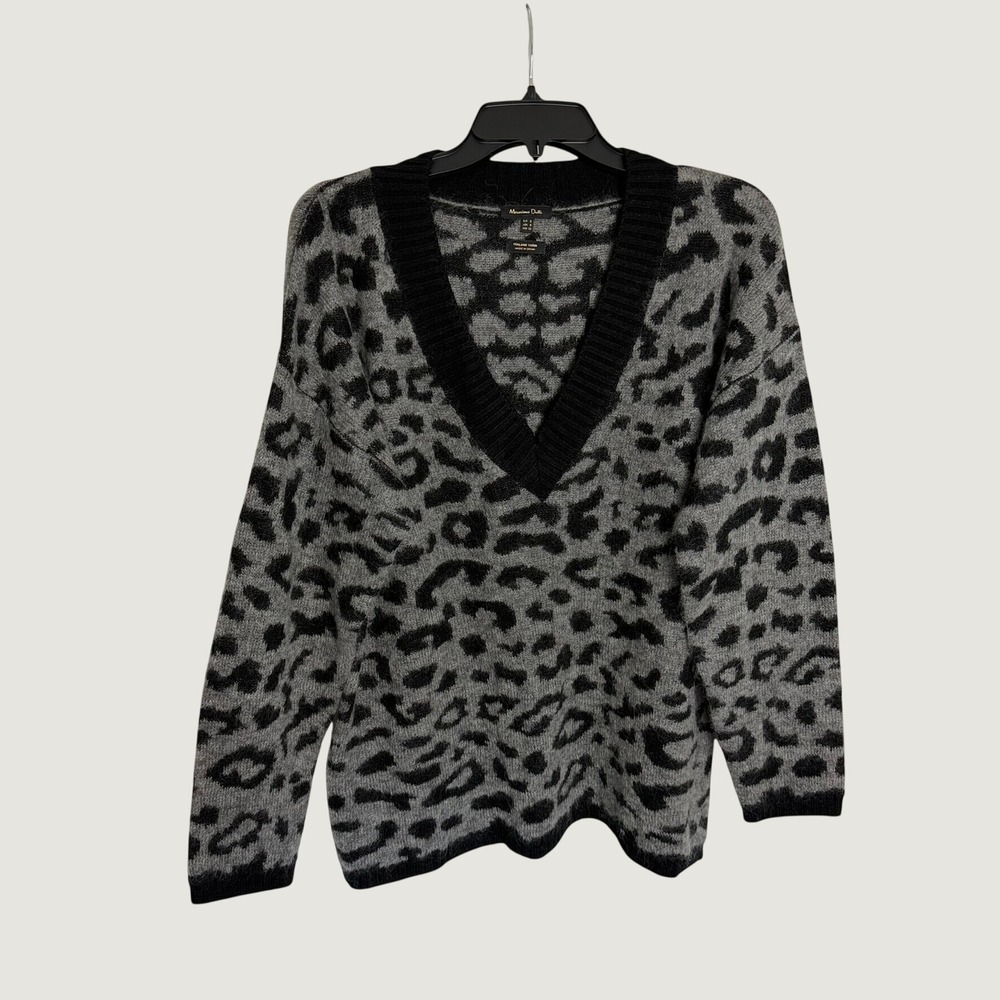 Massimo Dutti Sweater Women S Gray Leopard Mohair Wool Blend V-Neck Italian